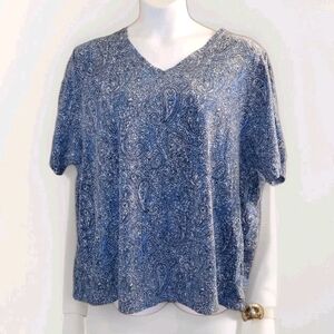 Catherines Shirt Womens Plus Size 3X 26/28 Paisley Floral Blue Short Sleeve